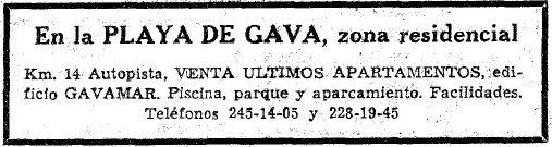 Anunci dels apartaments GAVAMAR de Gav Mar publicat al diari LA VANGUARDIA (10 de Juliol de 1965)